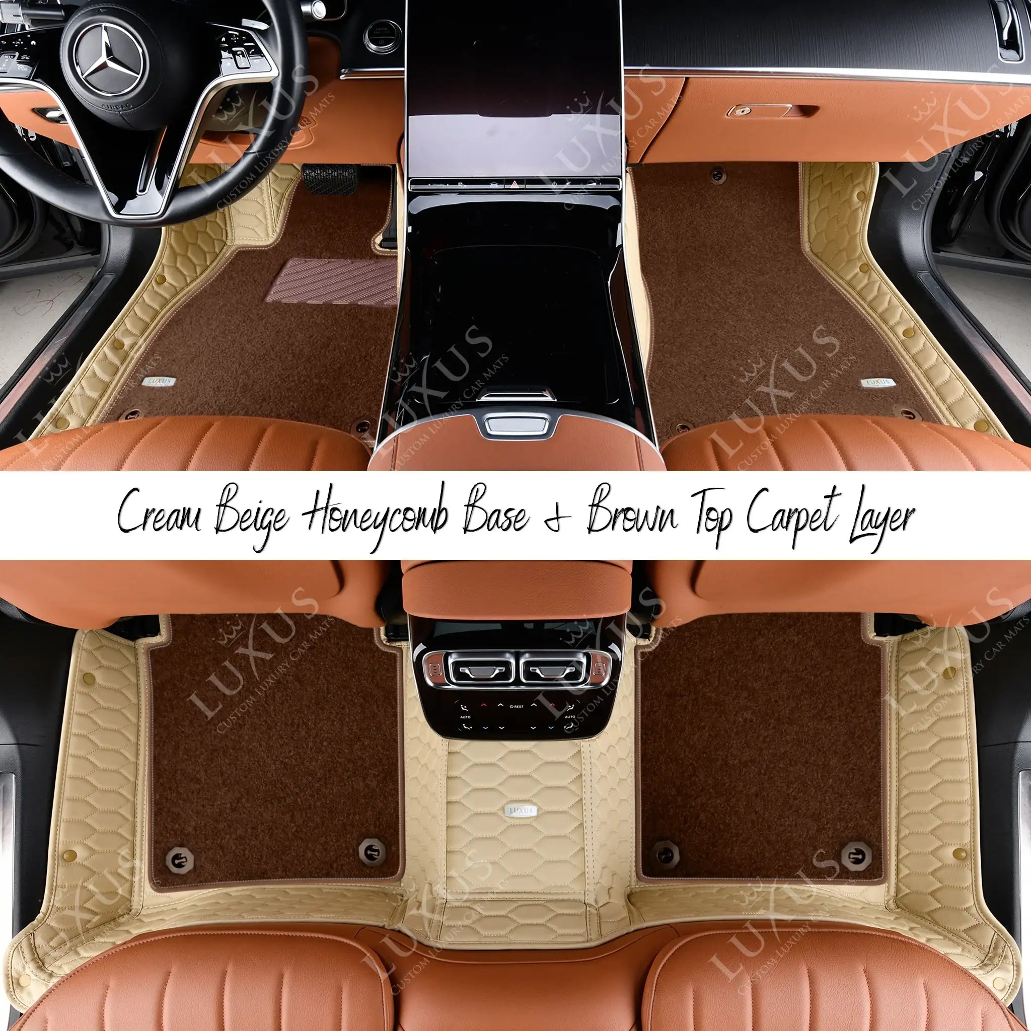 Cream Beige Honeycomb Base & Brown Top Carpet Double Layer Luxury Car Mats Set