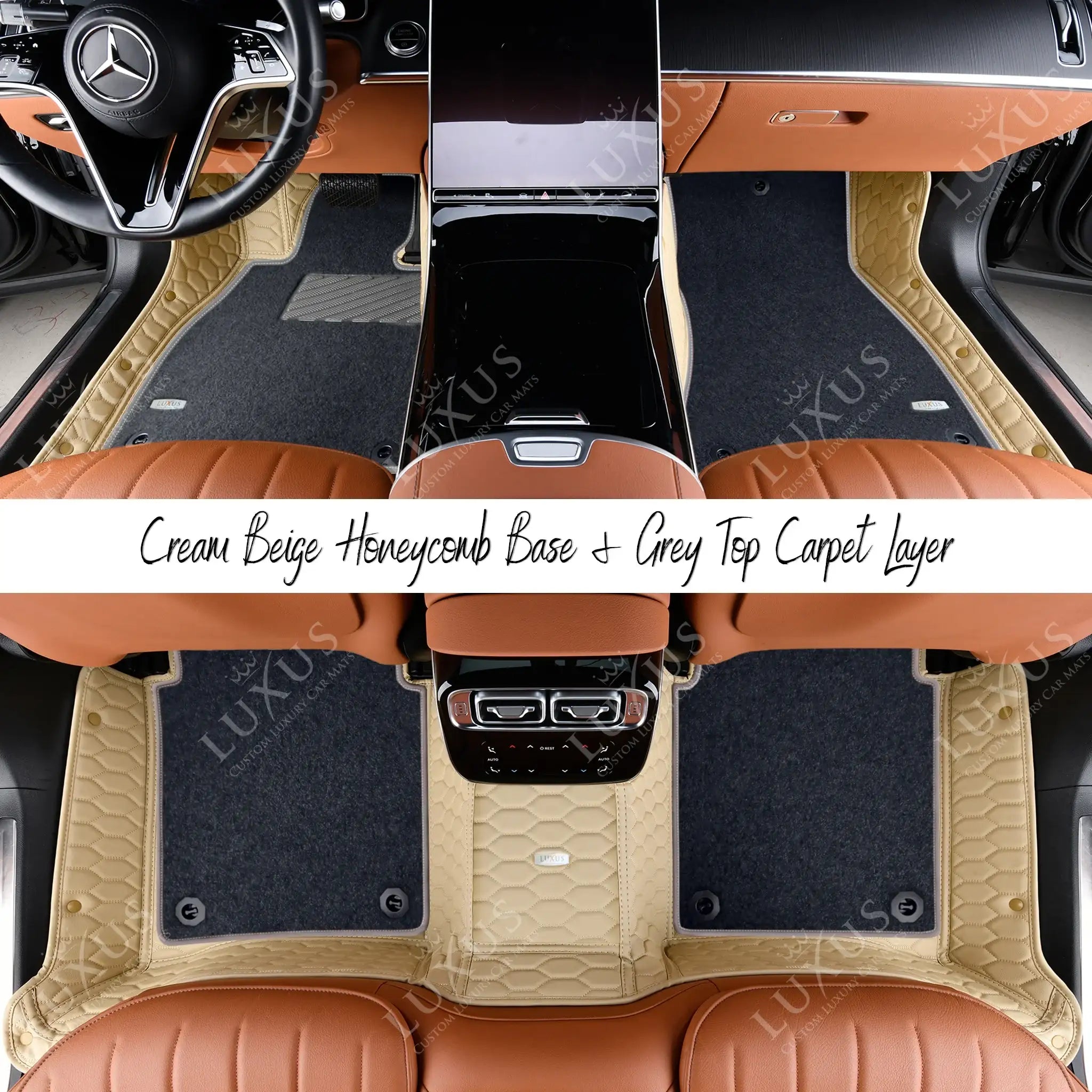 Cream Beige Honeycomb Base & Grey Top Carpet Double Layer Luxury Car Mats Set