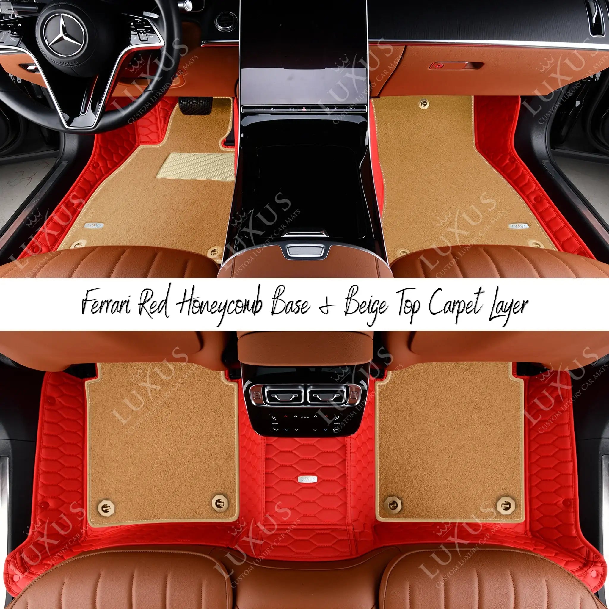 Ferrari Red Honeycomb Base & Beige Top Carpet Double Layer Luxury Car Mats Set