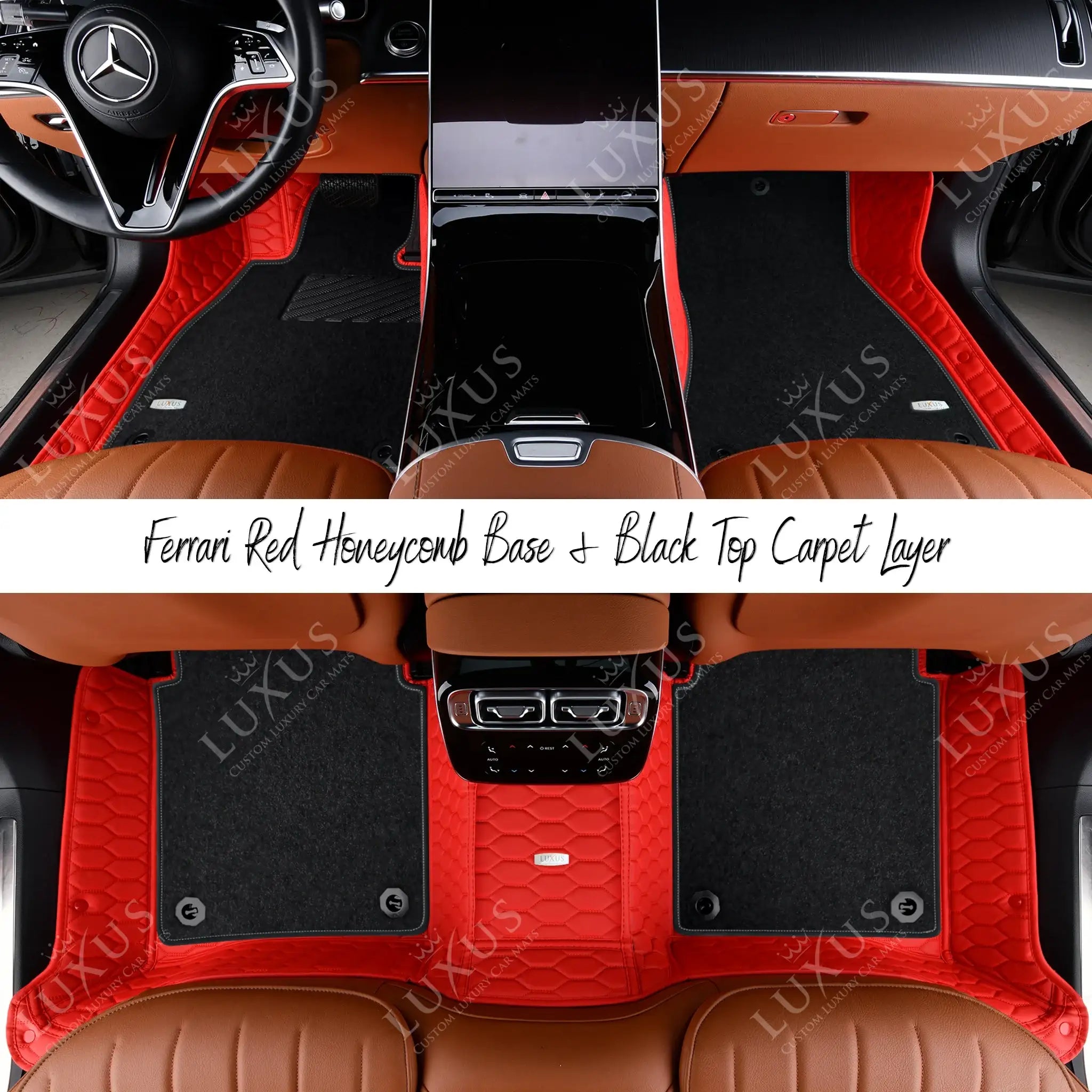 Ferrari Red Honeycomb Base & Black Top Carpet Double Layer Luxury Car Mats Set