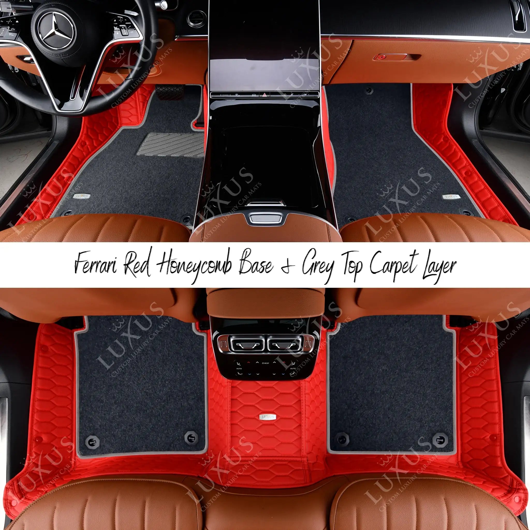 Ferrari Red Honeycomb Base & Grey Top Carpet Double Layer Luxury Car Mats Set