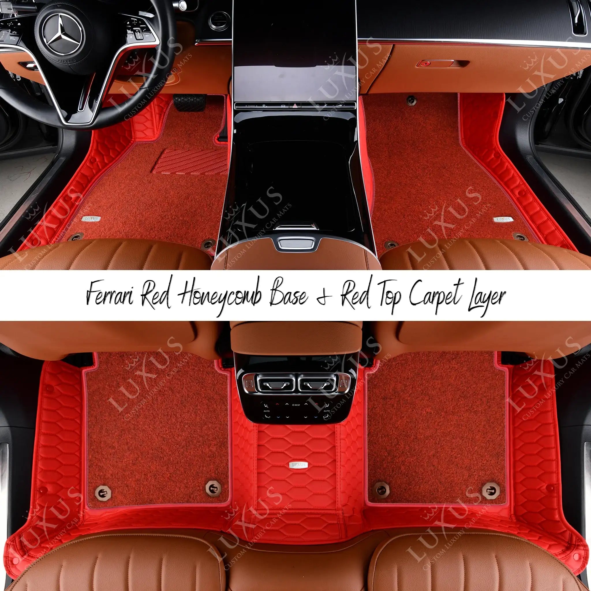 Ferrari Red Honeycomb Base & Red Top Carpet Double Layer Luxury Car Mats Set