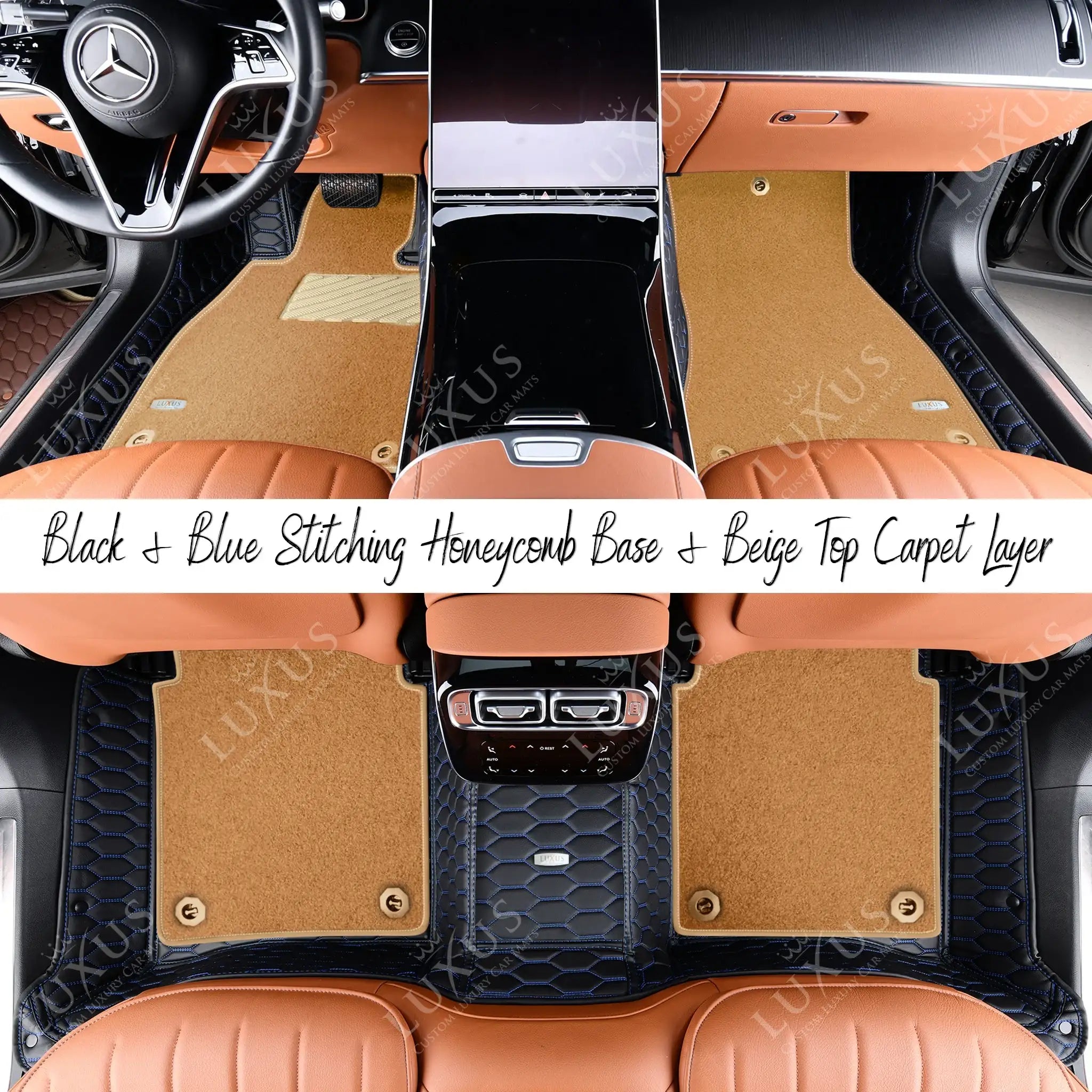 Black & Blue Stitching Honeycomb Base & Beige Top Carpet Double Layer Luxury Car Mats Set