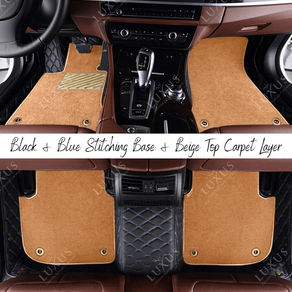Black & Blue Stitching Diamond Base & Beige Top Carpet Double Layer Luxury Car Mats Set