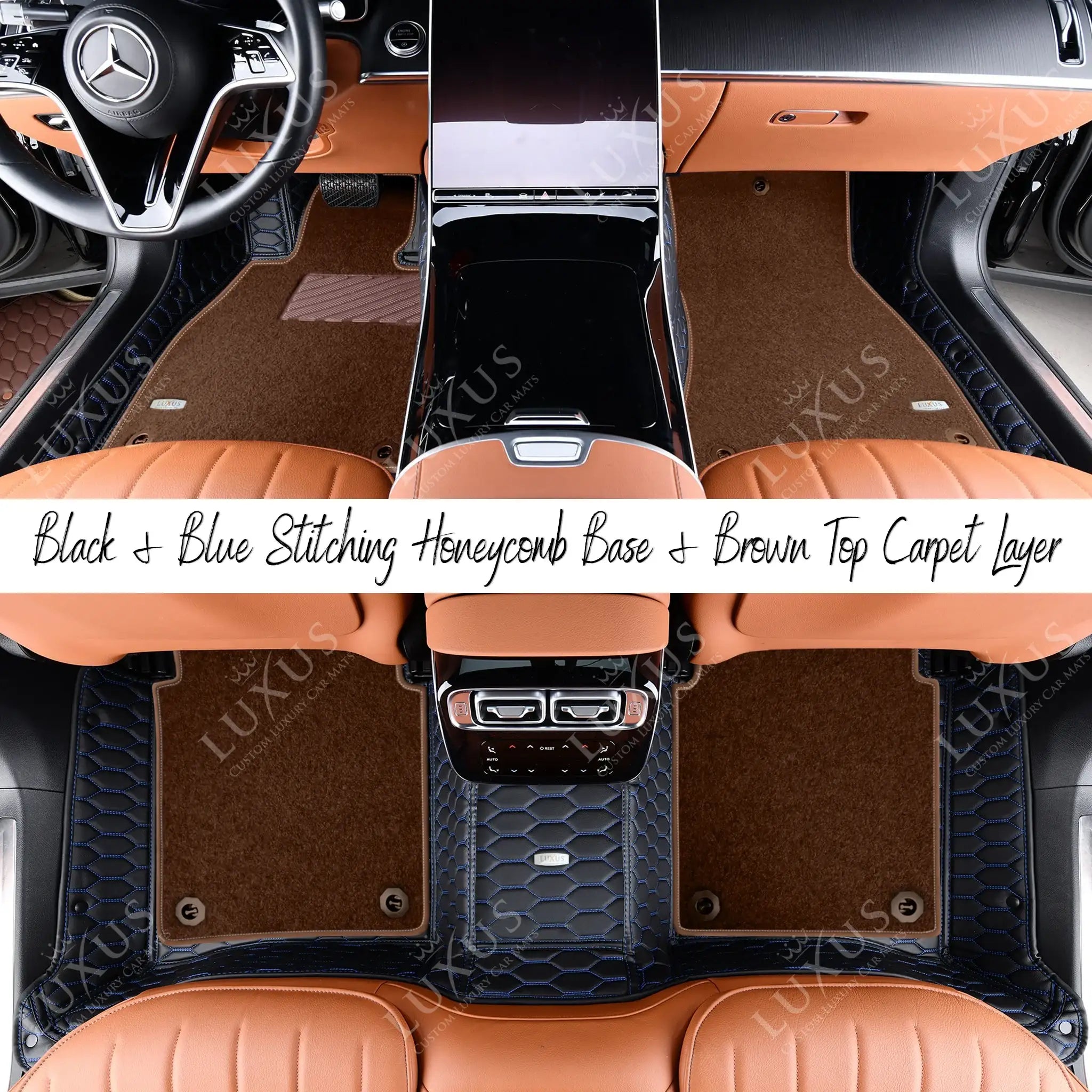 Black & Blue Stitching Honeycomb Base & Brown Top Carpet Double Layer Luxury Car Mats Set