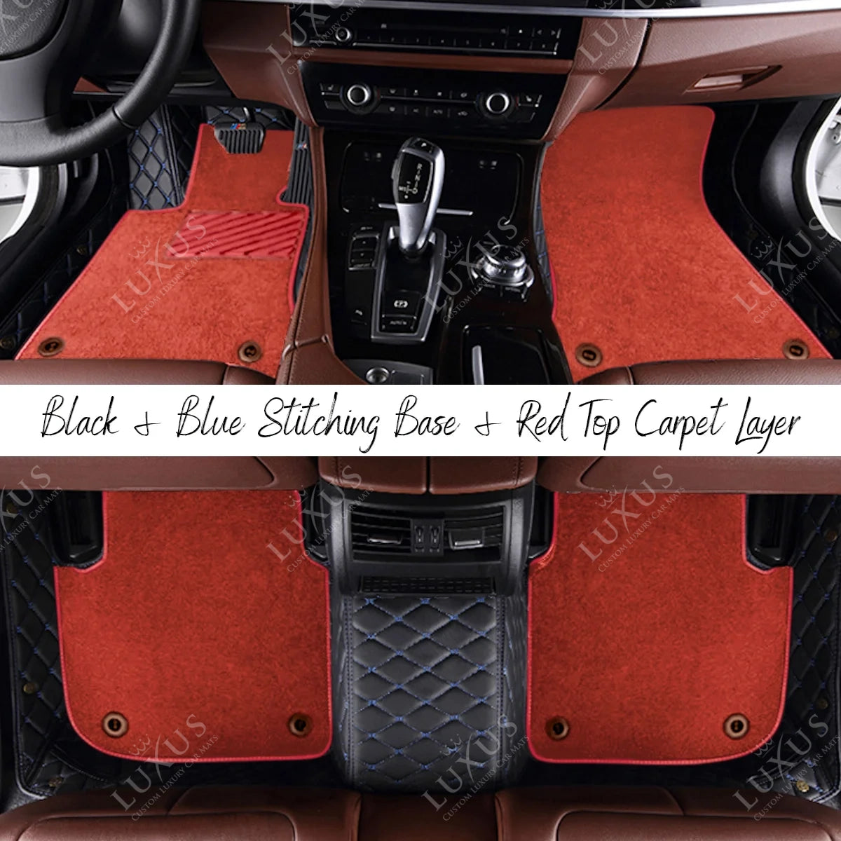 Black & Blue Stitching Diamond Base & Red Top Carpet Double Layer Luxury Car Mats Set