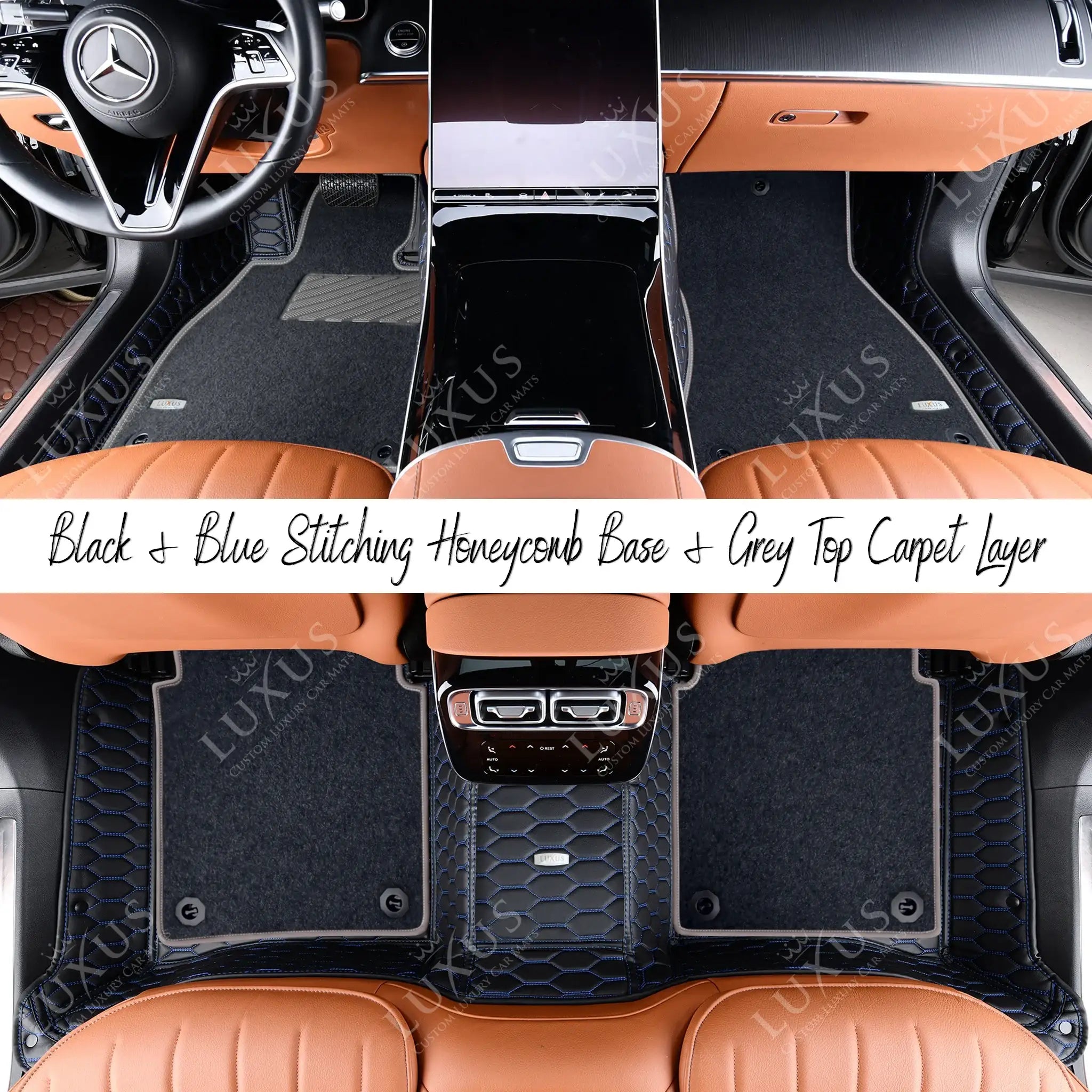 Black & Blue Stitching Honeycomb Base & Grey Top Carpet Double Layer Luxury Car Mats Set