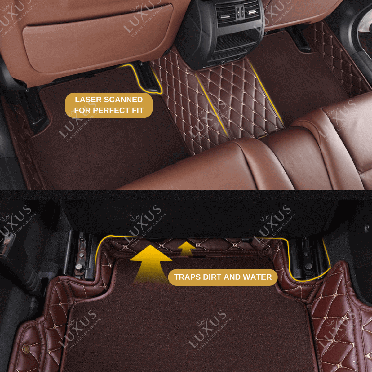 Chocolate Brown Diamond Base & Beige Top Carpet Double Layer Luxury Car Mats Set
