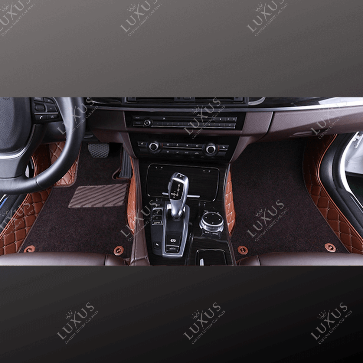 Caramel Brown Diamond Base & Brown Top Carpet Double Layer Luxury Car Mats Set