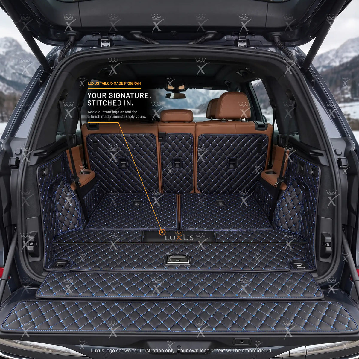 Luxus Diamond 360Fit Series Trunk Mat | Black & Blue Stitching