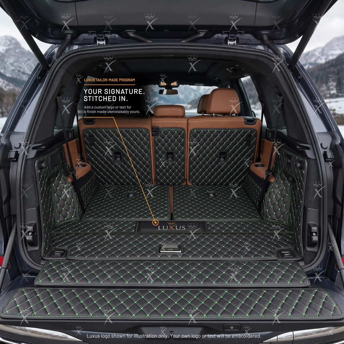 Luxus Diamond 360Fit Series Trunk Mat | Black & Green Stitching