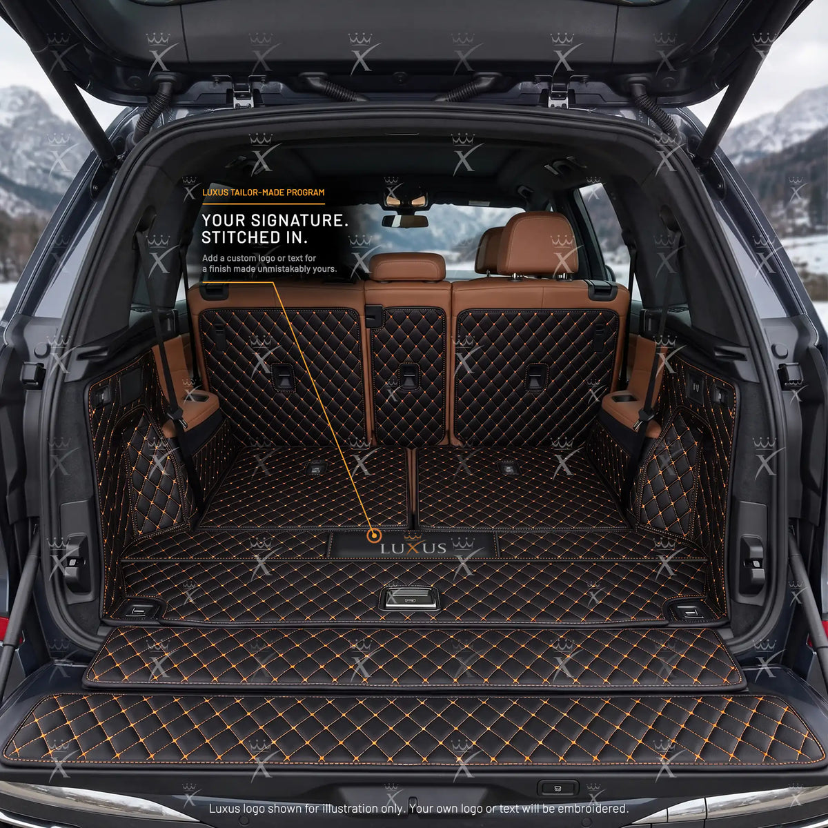 Luxus Diamond 360Fit Series Trunk Mat | Black & Orange Stitching