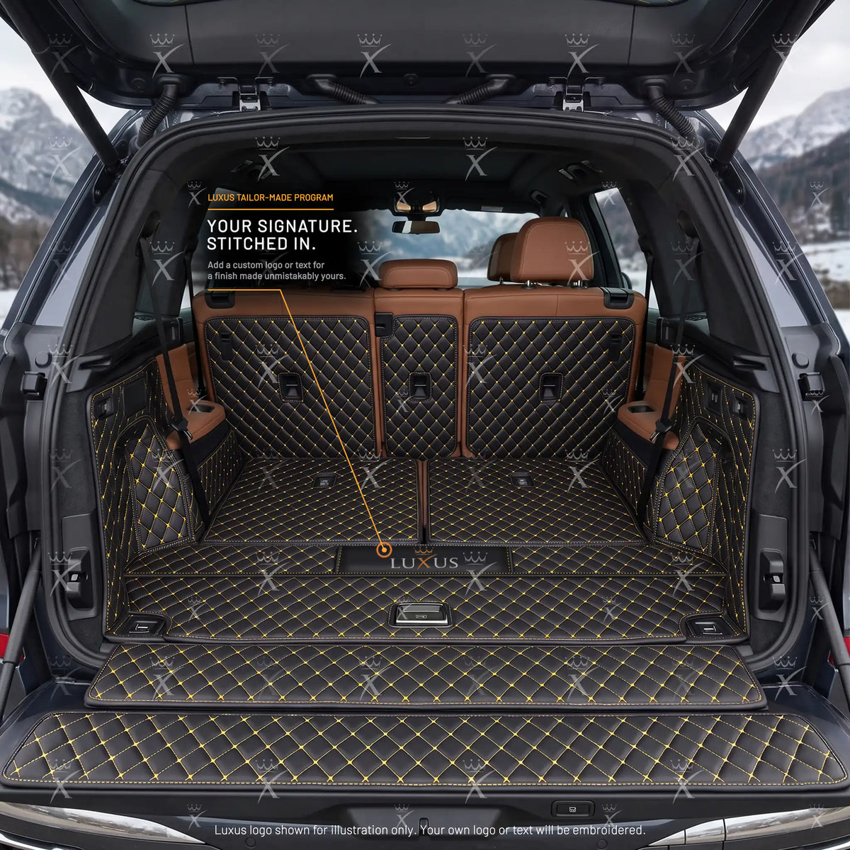 Luxus Diamond 360Fit Series Trunk Mat | Black & Yellow Stitching