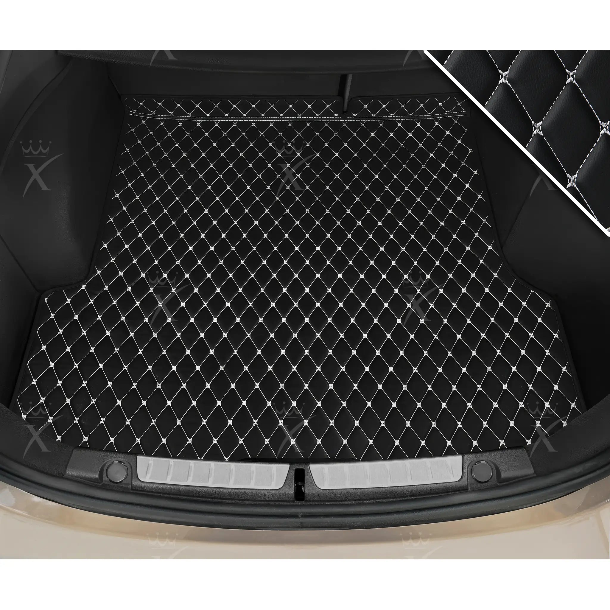 Tappetini per auto Luxus™ - Tappetino per bagagliaio/stivale in pelle di lusso con cuciture in bianco e nero